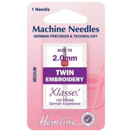 Hemline Sewing Machine Needles: Twin Embroidery: 75/11, 2.0mm: 1 Piece