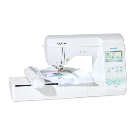 Brother F540E embroidery machine angle view with mannequin design in hoop