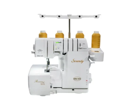 Baby Lock Serenity overlocker front view with yellow thread cones