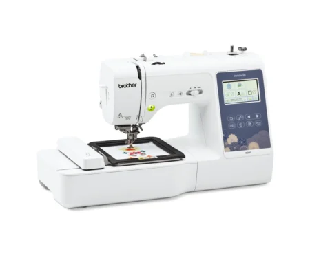 Brother Innov-is M380 embroidery machine angled view with embroidery hoop and floral design